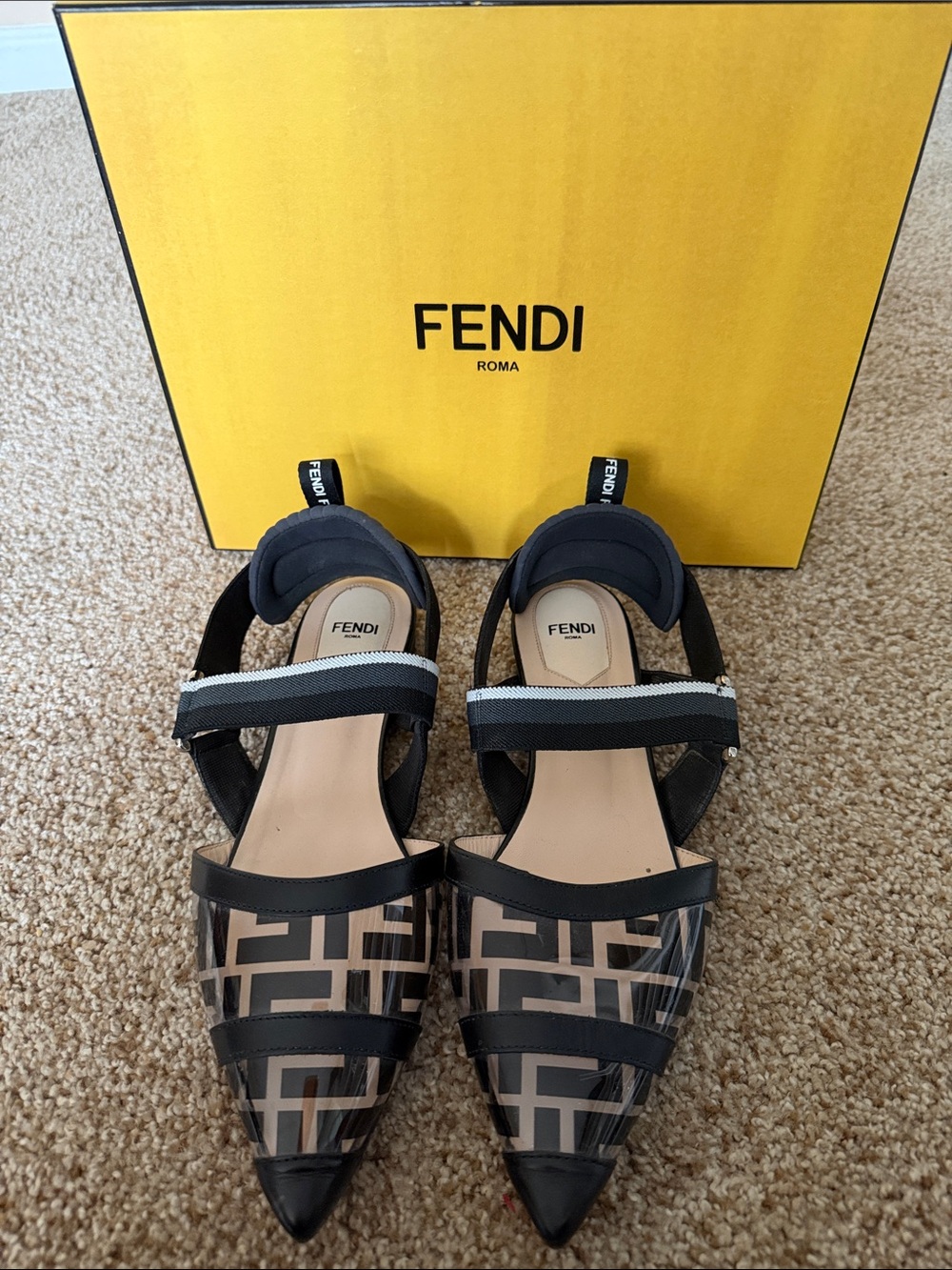 Fendi Black and Tan Logo Pointed Slingback Flats
